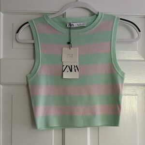 Zara Pastel Green and Pink Striped Top NWT
